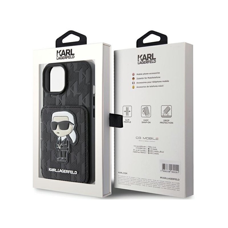 Husa iPhone 15 Karl Lagerfeld Saffiano Cardslots and Stand, Monogram Ikonik, KLHCP15SSAKKNSCK