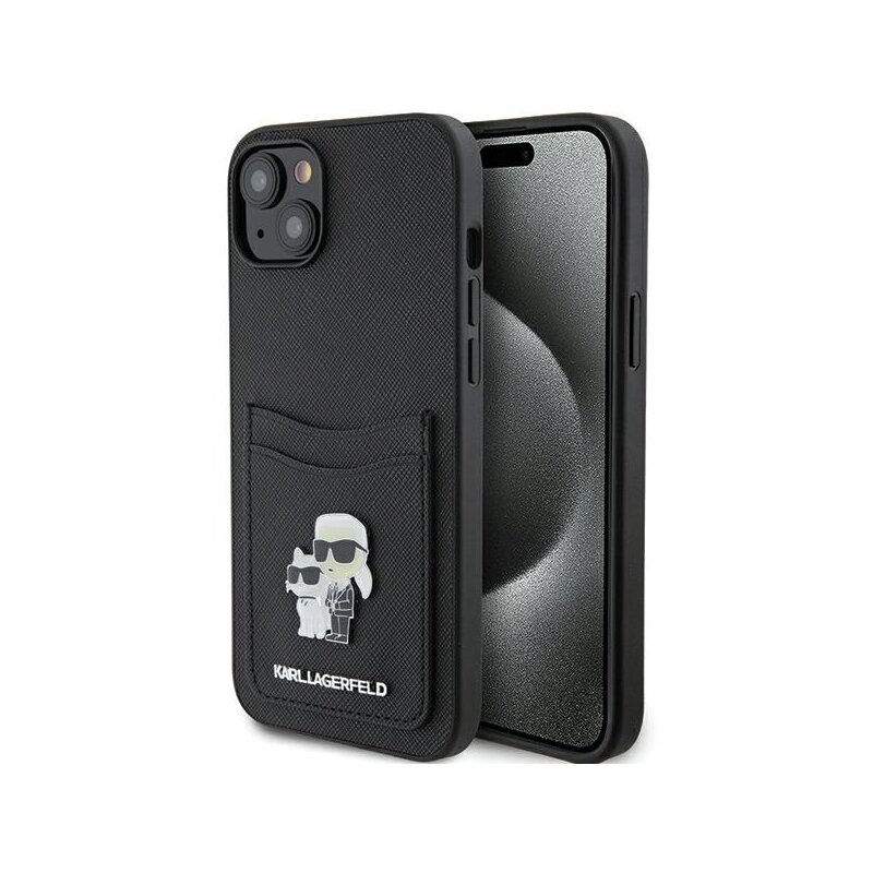Husa iPhone 15 Karl Lagerfeld Saffiano Cardslot, Karl&Choupette, negru, KLHCP15SSAPKCNPK