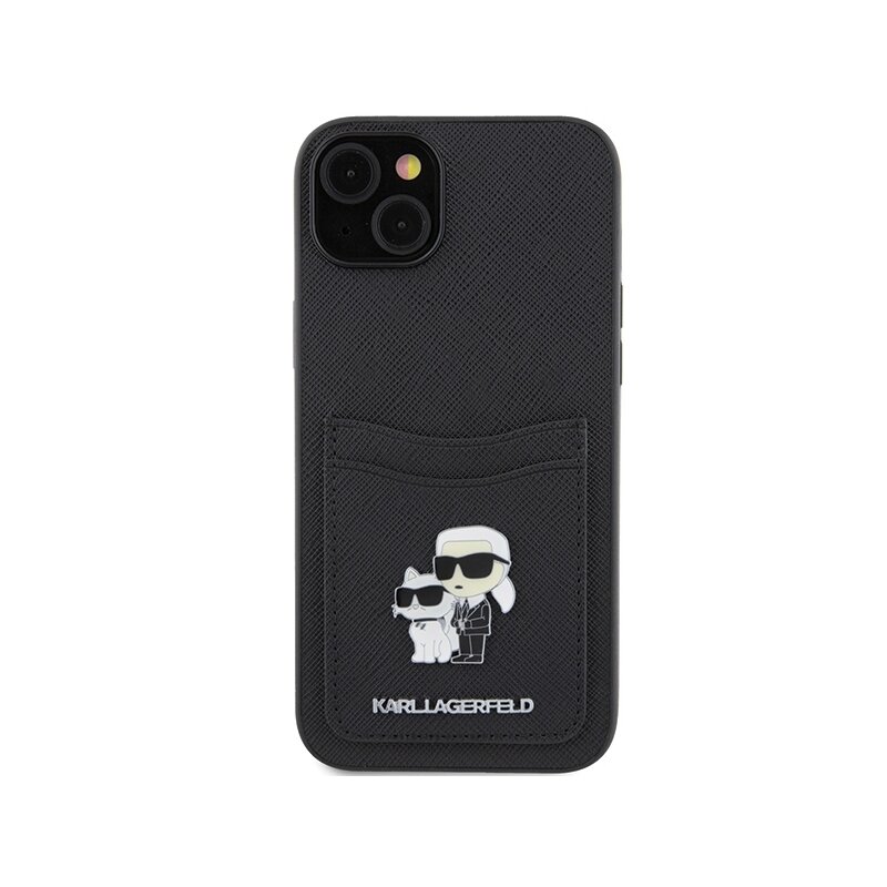 Husa iPhone 15 Karl Lagerfeld Saffiano Cardslot, Karl&Choupette, negru, KLHCP15SSAPKCNPK