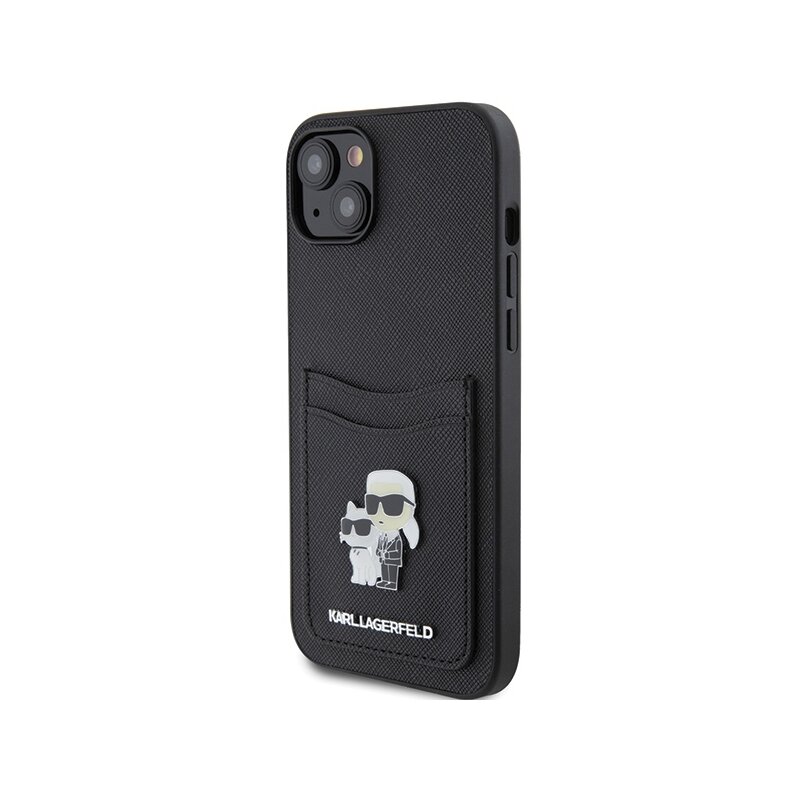 Husa iPhone 15 Karl Lagerfeld Saffiano Cardslot, Karl&Choupette, negru, KLHCP15SSAPKCNPK