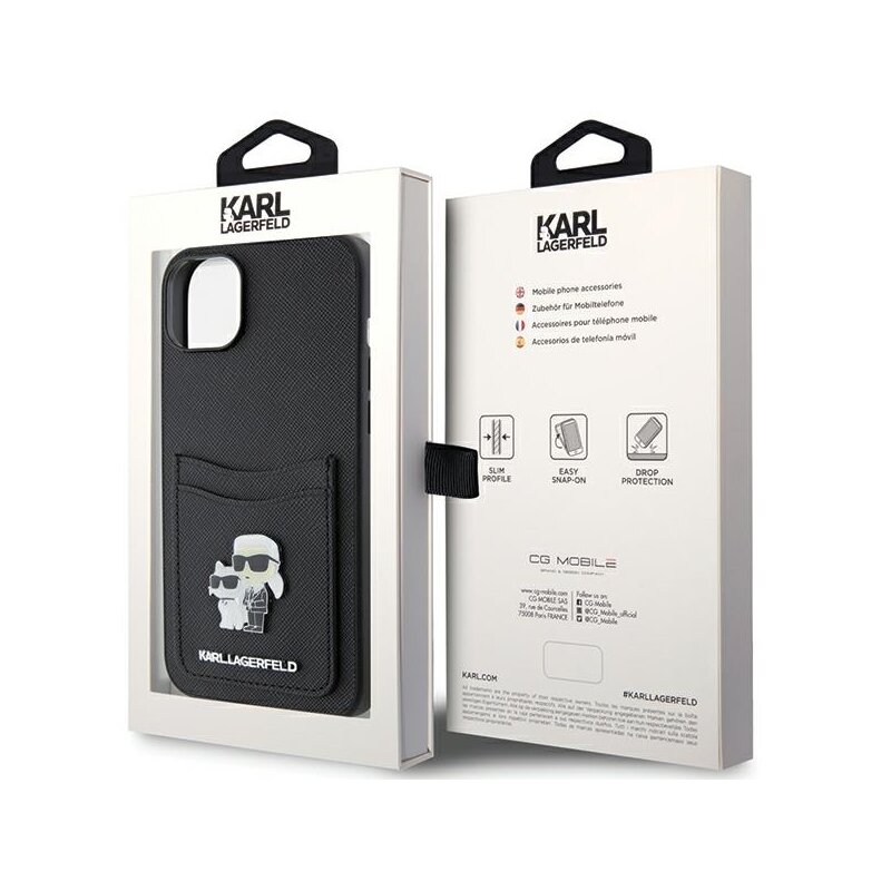 Husa iPhone 15 Karl Lagerfeld Saffiano Cardslot, Karl&Choupette, negru, KLHCP15SSAPKCNPK