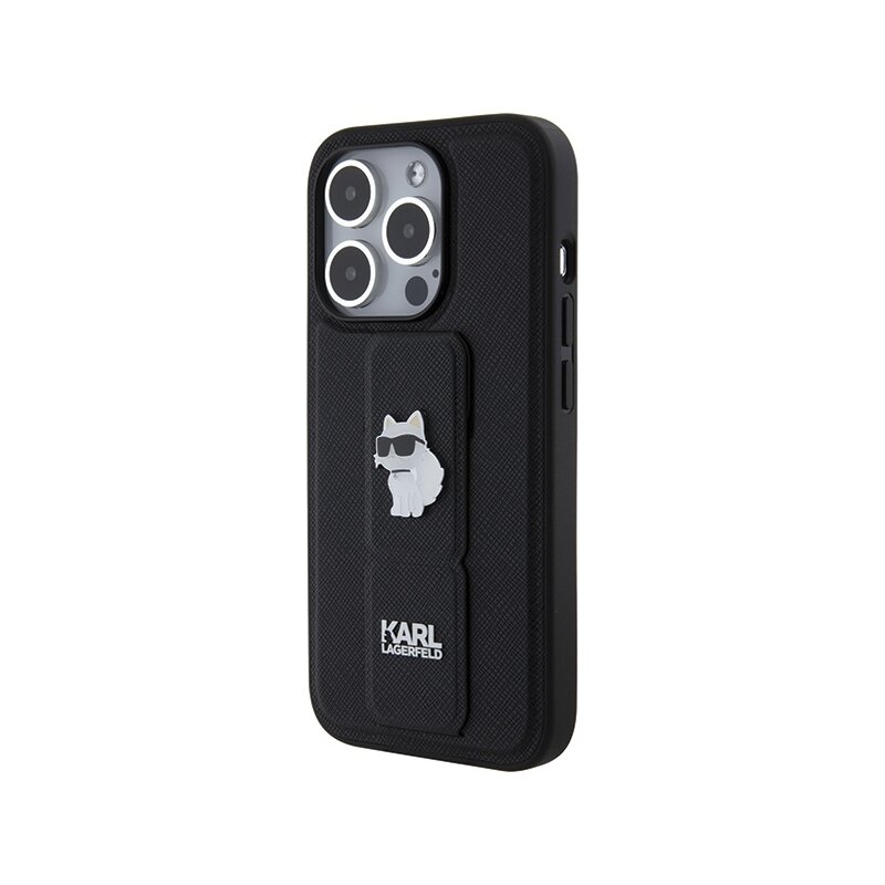 Husa originala iPhone 15 Pro Max Karl Lagerfeld Saffiano Gripstand, Choupette, negru, KLHCP15XGSACHPK