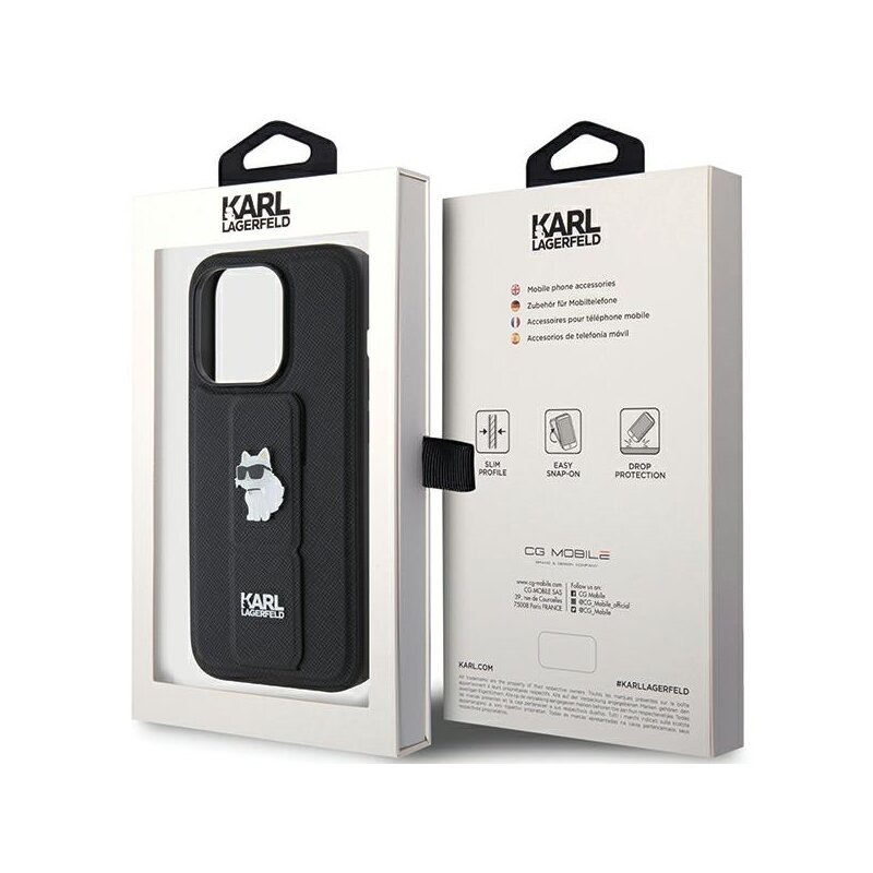Husa originala iPhone 15 Pro Max Karl Lagerfeld Saffiano Gripstand, Choupette, negru, KLHCP15XGSACHPK