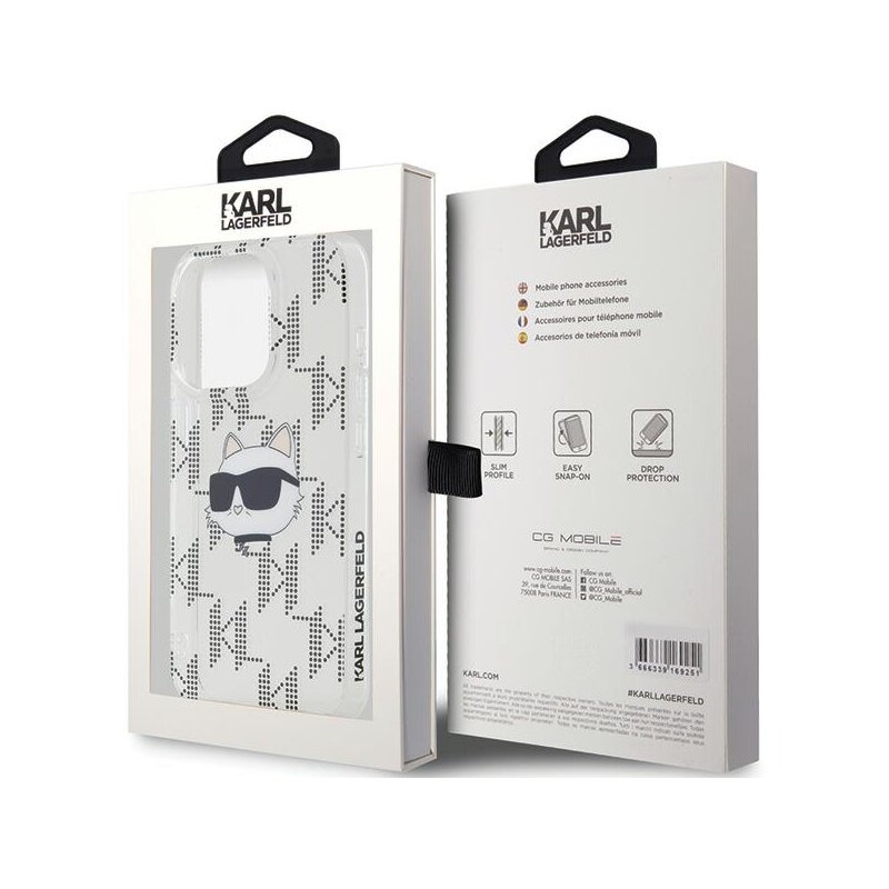 Husa iPhone 15 Pro Max Karl Lagerfeld IML Luxury, Choupette Head&Monogram, transparent, KLHCP15XHKLPCHT