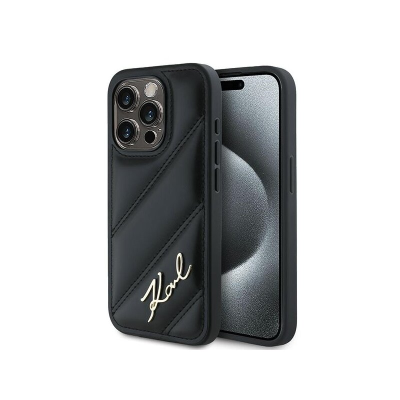Husa iPhone 15 Pro Max Karl Lagerfeld Diagonal Quilted Script, negru, KLHCP15XPQDSMGK