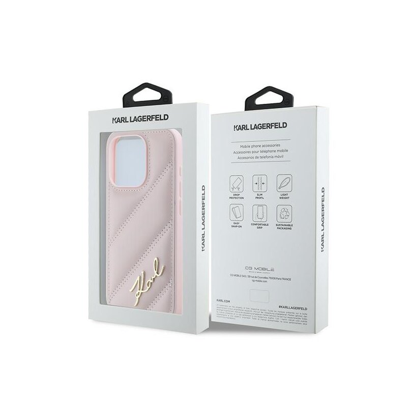 Husa iPhone 15 Pro Max Karl Lagerfeld Diagonal Quilted Script, roz, KLHCP15XPQDSMGP