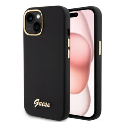 Husa Guess iPhone 15 Silicone Script Metal Logo & Frame, negru, GUHCP15SSMBSLK
