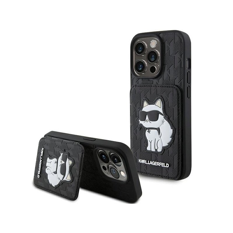 Husa iPhone 15 Pro Max Karl Lagerfeld Saffiano Cardslots and Stand, Monogram Choupette, negru, KLHCP15XSAKCNSCK