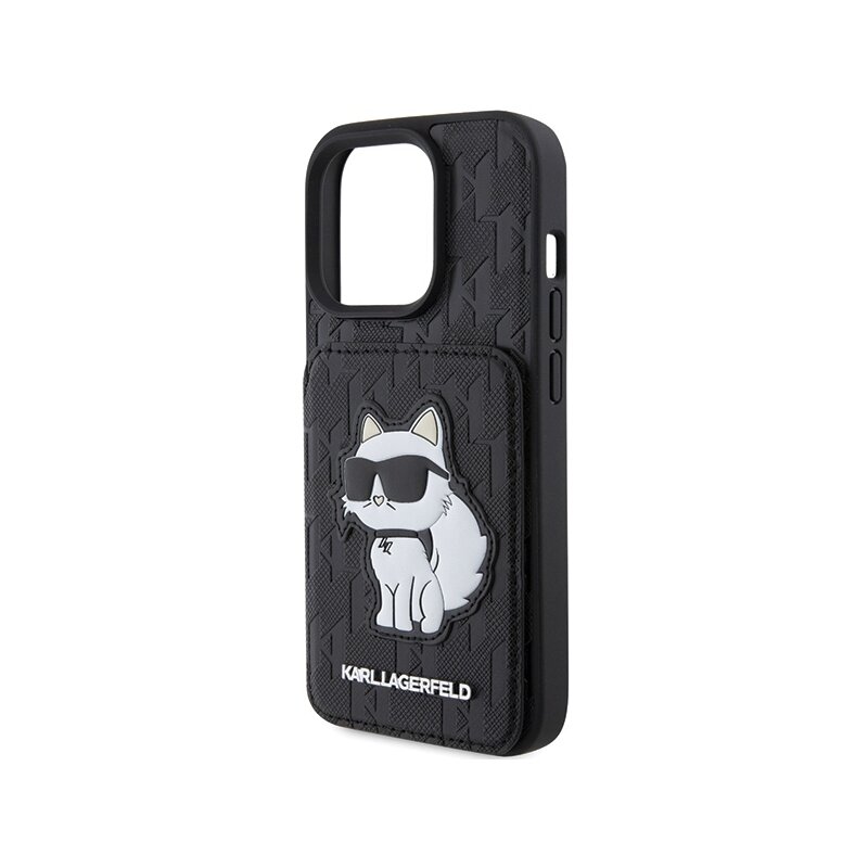 Husa iPhone 15 Pro Max Karl Lagerfeld Saffiano Cardslots and Stand, Monogram Choupette, negru, KLHCP15XSAKCNSCK