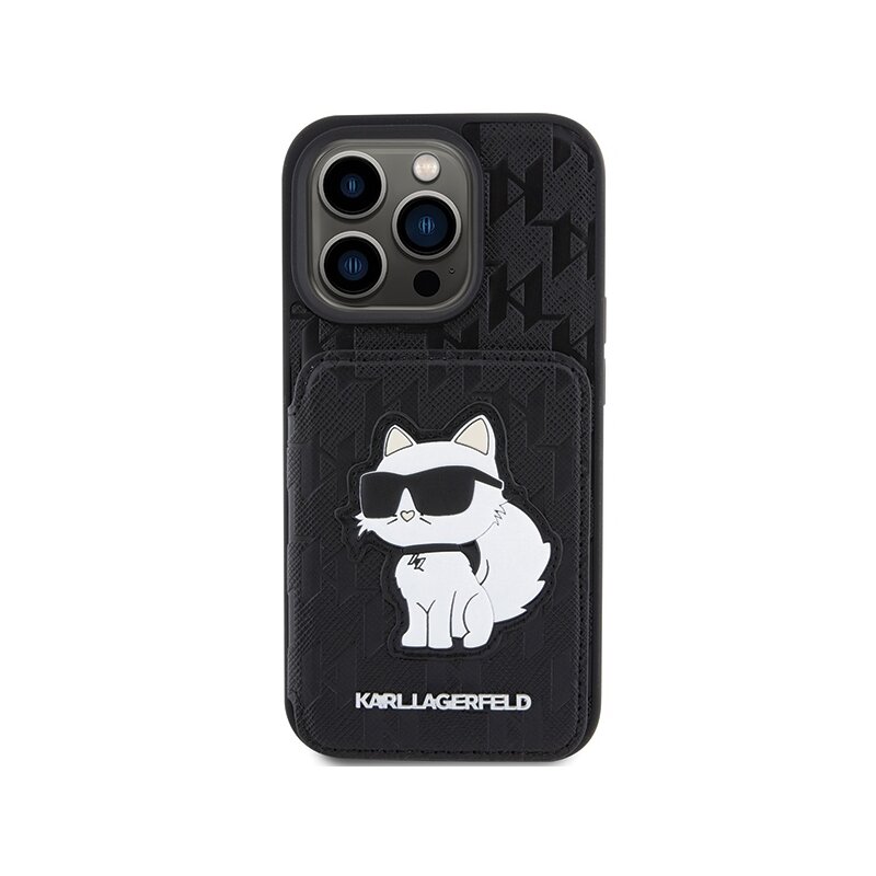 Husa iPhone 15 Pro Max Karl Lagerfeld Saffiano Cardslots and Stand, Monogram Choupette, negru, KLHCP15XSAKCNSCK