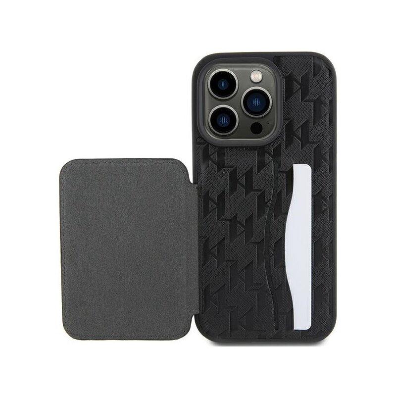 Husa iPhone 15 Pro Max Karl Lagerfeld Saffiano Cardslots and Stand, Monogram Choupette, negru, KLHCP15XSAKCNSCK