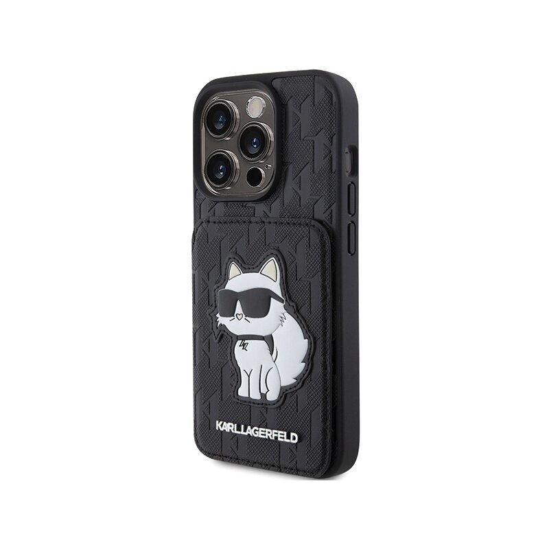 Husa iPhone 15 Pro Max Karl Lagerfeld Saffiano Cardslots and Stand, Monogram Choupette, negru, KLHCP15XSAKCNSCK