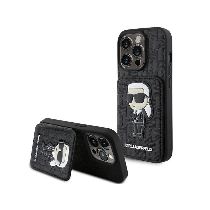 Husa iPhone 15 Pro Max Karl Lagerfeld Saffiano Cardslots and Stand, Monogram Ikonik, negru, KLHCP15XSAKKNSCK