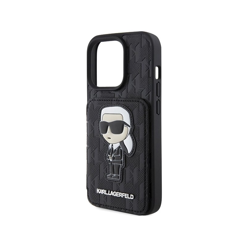 Husa iPhone 15 Pro Max Karl Lagerfeld Saffiano Cardslots and Stand, Monogram Ikonik, negru, KLHCP15XSAKKNSCK