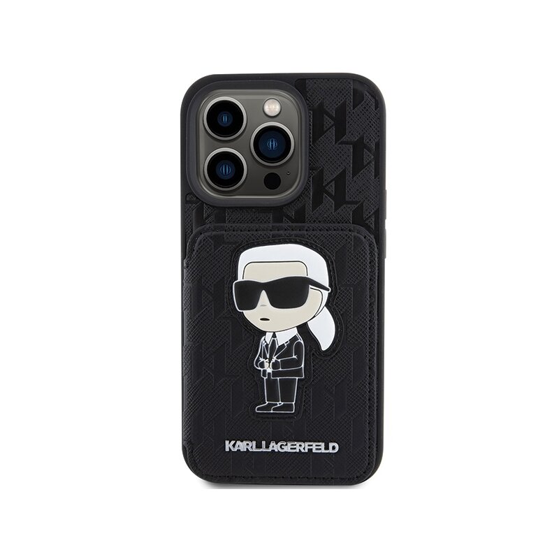 Husa iPhone 15 Pro Max Karl Lagerfeld Saffiano Cardslots and Stand, Monogram Ikonik, negru, KLHCP15XSAKKNSCK