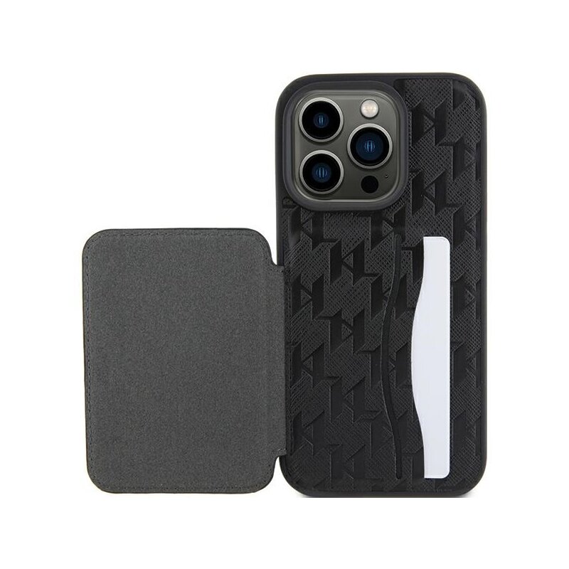 Husa iPhone 15 Pro Max Karl Lagerfeld Saffiano Cardslots and Stand, Monogram Ikonik, negru, KLHCP15XSAKKNSCK