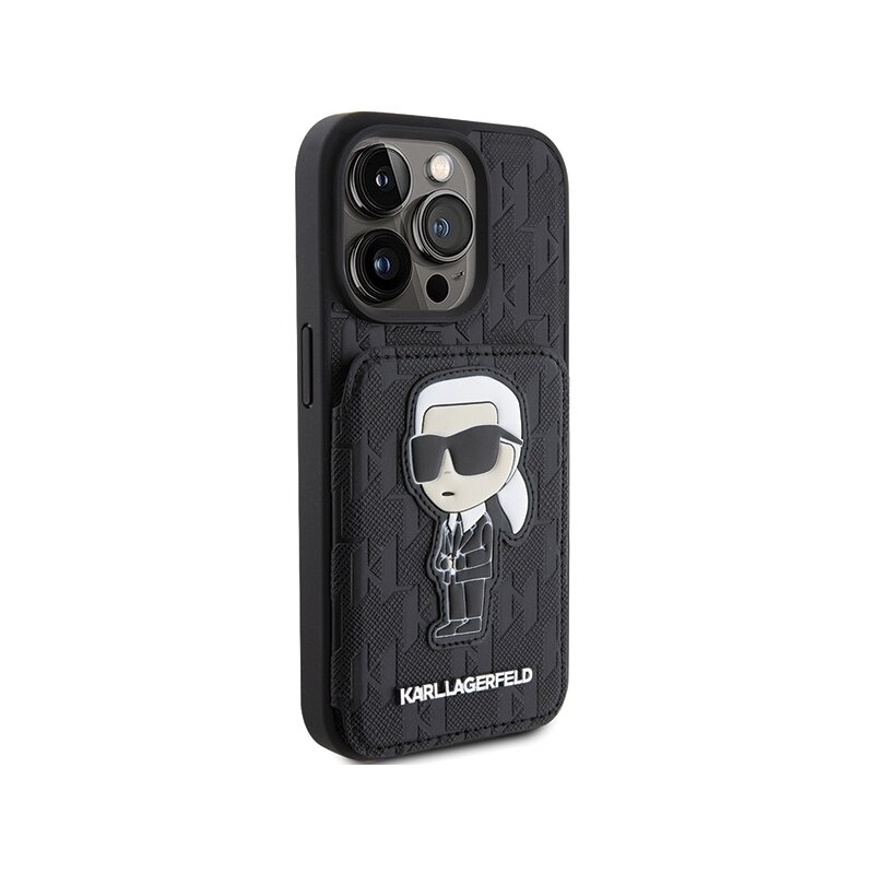 Husa iPhone 15 Pro Max Karl Lagerfeld Saffiano Cardslots and Stand, Monogram Ikonik, negru, KLHCP15XSAKKNSCK