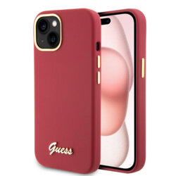 Husa Guess iPhone 15 Silicone Script Metal Logo & Frame, rosu, GUHCP15SSMBSLM
