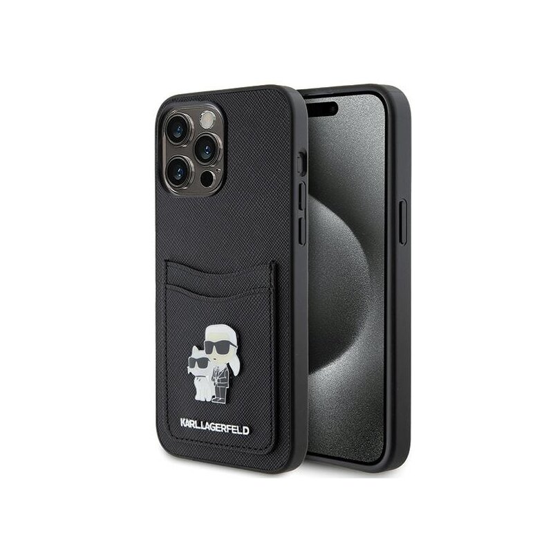 Husa iPhone 15 Pro Max Karl Lagerfeld Saffiano Cardslot, Karl&Choupette, negru, KLHCP15XSAPKCNPK