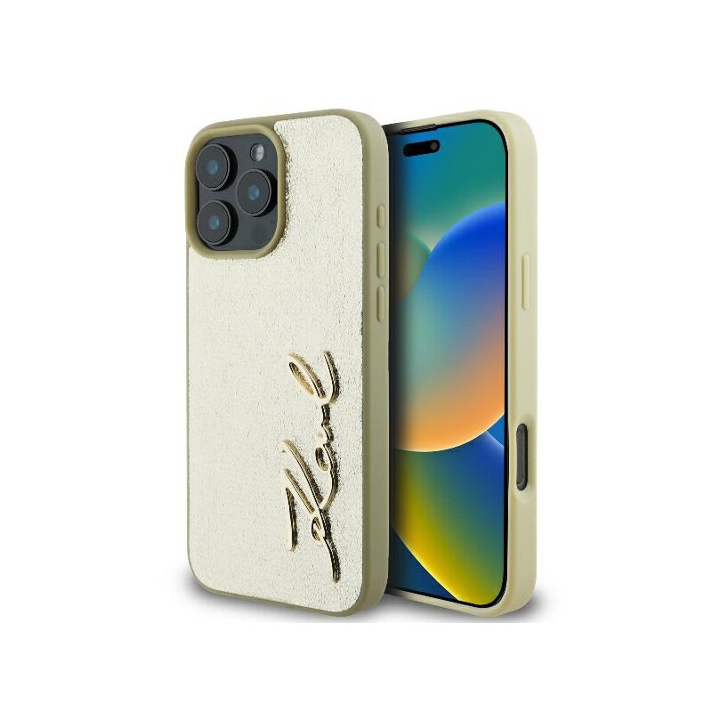 Husa iPhone 16 Pro Karl Lagerfeld Hardcase Leather, Metal Signature, auriu, KLHCP16LPFMFBKMD