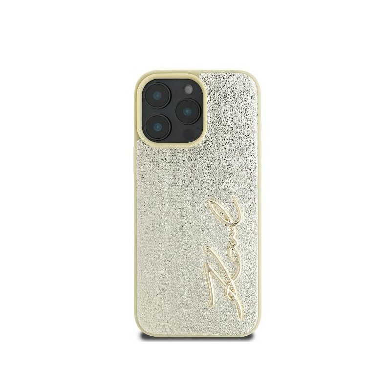Husa iPhone 16 Pro Karl Lagerfeld Hardcase Leather, Metal Signature, auriu, KLHCP16LPFMFBKMD