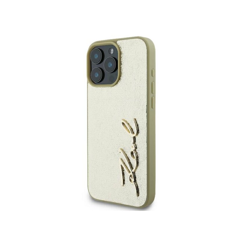Husa iPhone 16 Pro Karl Lagerfeld Hardcase Leather, Metal Signature, auriu, KLHCP16LPFMFBKMD