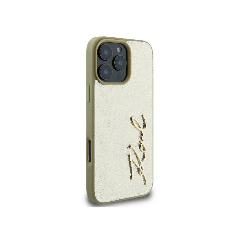 Husa iPhone 16 Pro Karl Lagerfeld Hardcase Leather, Metal Signature, auriu, KLHCP16LPFMFBKMD