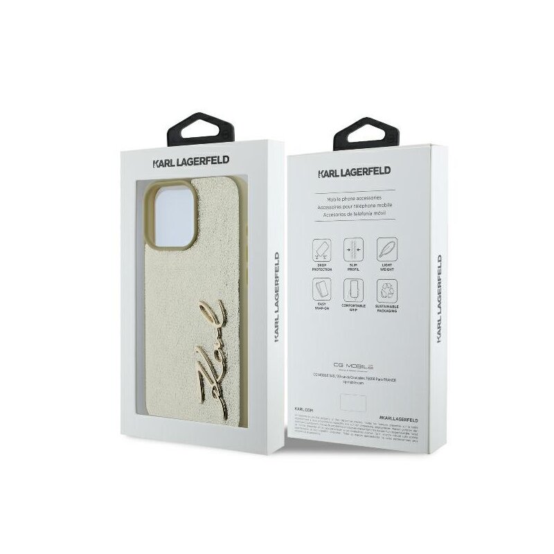 Husa iPhone 16 Pro Karl Lagerfeld Hardcase Leather, Metal Signature, auriu, KLHCP16LPFMFBKMD