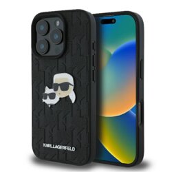 Husa iPhone 16 Pro Karl Lagerfeld Hardcase Leather Monogram, Karl&Chaoupette Head Pin, negru, KLHCP16LPGKLKCPK