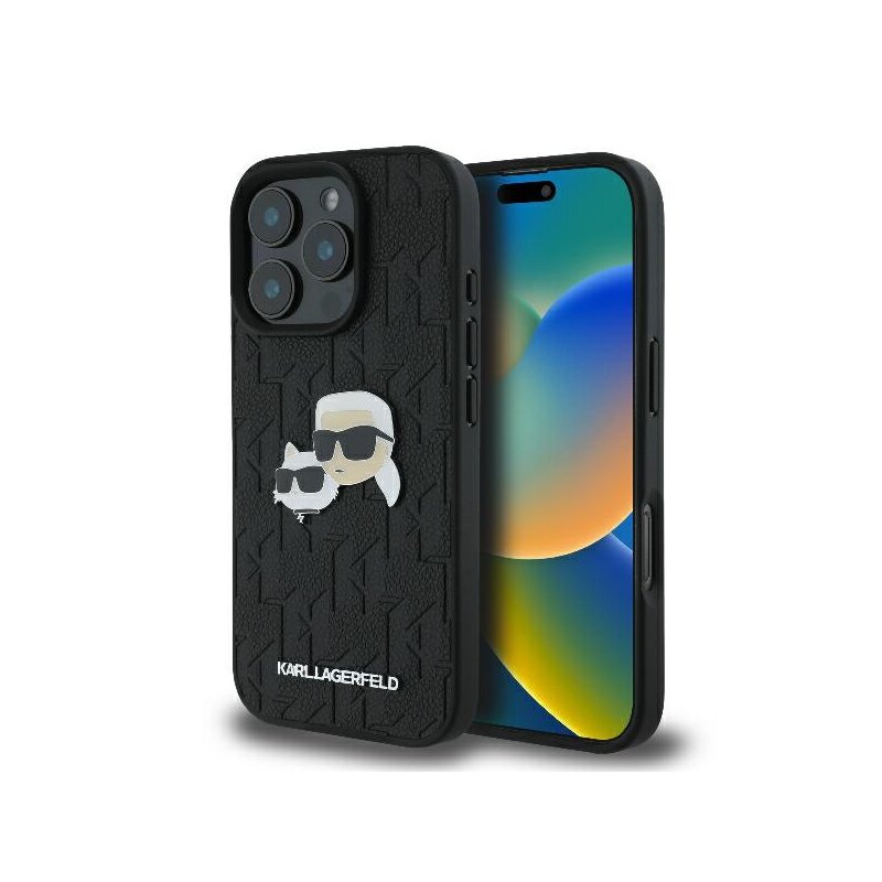 Husa iPhone 16 Pro Karl Lagerfeld Hardcase Leather Monogram, Karl&Chaoupette Head Pin, negru, KLHCP16LPGKLKCPK