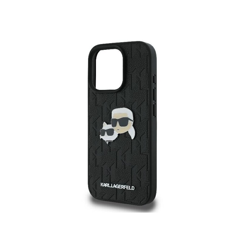 Husa iPhone 16 Pro Karl Lagerfeld Hardcase Leather Monogram, Karl&Chaoupette Head Pin, negru, KLHCP16LPGKLKCPK