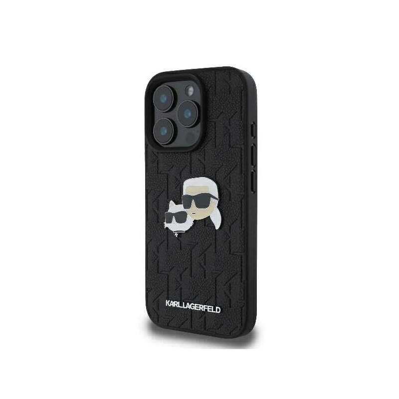 Husa iPhone 16 Pro Karl Lagerfeld Hardcase Leather Monogram, Karl&Chaoupette Head Pin, negru, KLHCP16LPGKLKCPK