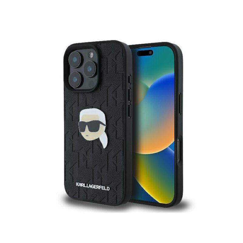 Husa iPhone 16 Pro Karl Lagerfeld Hardcase Leather Monogram, Karl Head Pin, negru, KLHCP16LPGKLKIPK