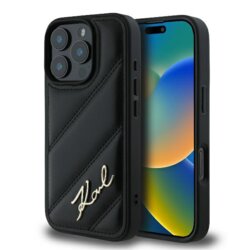 Husa iPhone 16 Pro Karl Lagerfeld Diagonal Quilted Script, negru, KLHCP16LPQDSMGK