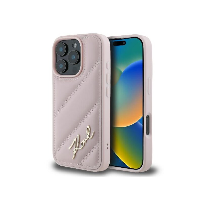 Husa iPhone 16 Pro Karl Lagerfeld Diagonal Quilted Script, roz, KLHCP16LPQDSMGP