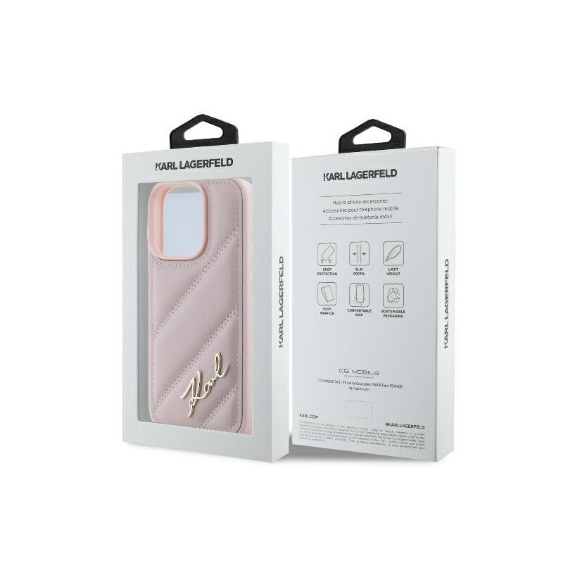 Husa iPhone 16 Pro Karl Lagerfeld Diagonal Quilted Script, roz, KLHCP16LPQDSMGP