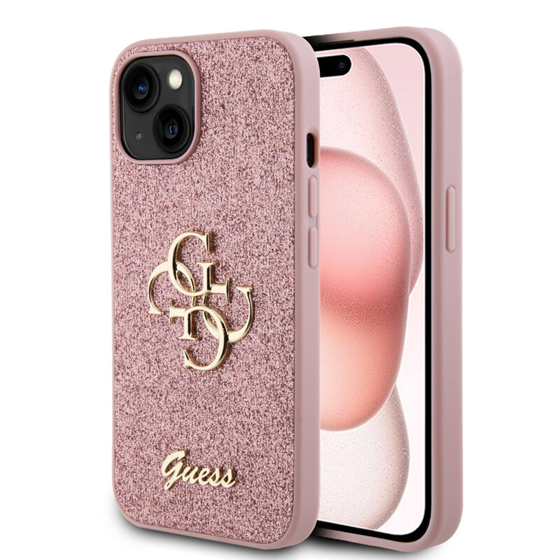 Husa Guess Glitter Script Big 4G iPhone 15 Plus cu sclipici, roz, GUHCP15MHG4SGP