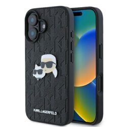 Husa iPhone 16 Plus Karl Lagerfeld Hardcase Leather Monogram, Karl&Chaoupette Head Pin, negru, KLHCP16MPGKLKCPK