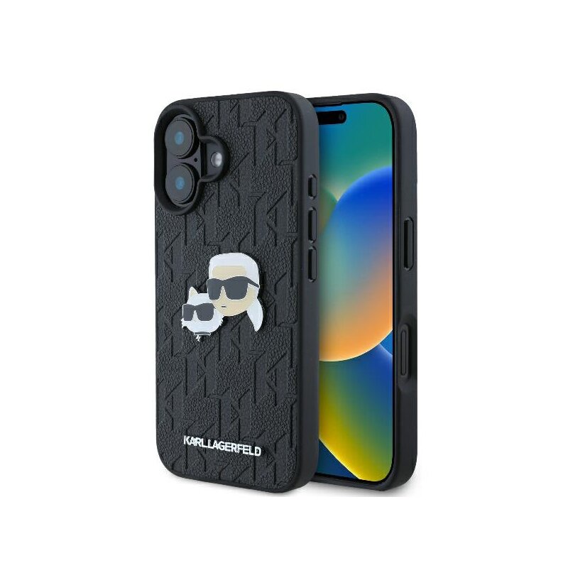Husa iPhone 16 Plus Karl Lagerfeld Hardcase Leather Monogram, Karl&Chaoupette Head Pin, negru, KLHCP16MPGKLKCPK