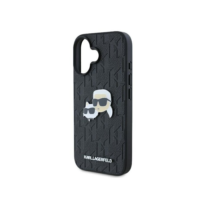Husa iPhone 16 Plus Karl Lagerfeld Hardcase Leather Monogram, Karl&Chaoupette Head Pin, negru, KLHCP16MPGKLKCPK