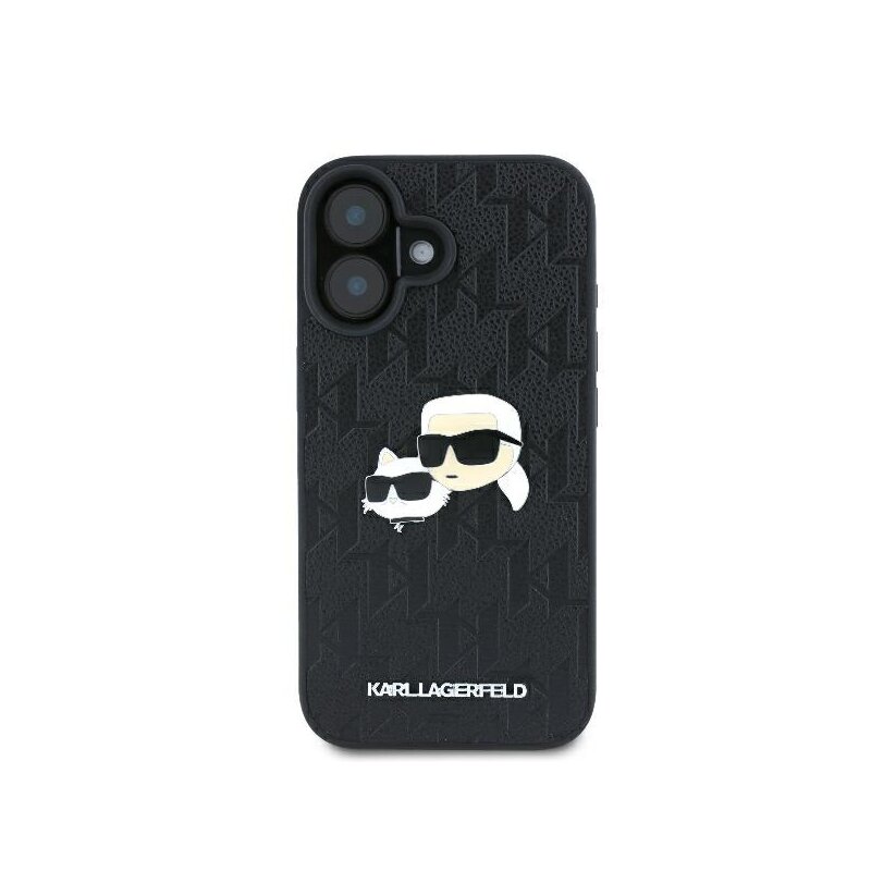 Husa iPhone 16 Plus Karl Lagerfeld Hardcase Leather Monogram, Karl&Chaoupette Head Pin, negru, KLHCP16MPGKLKCPK