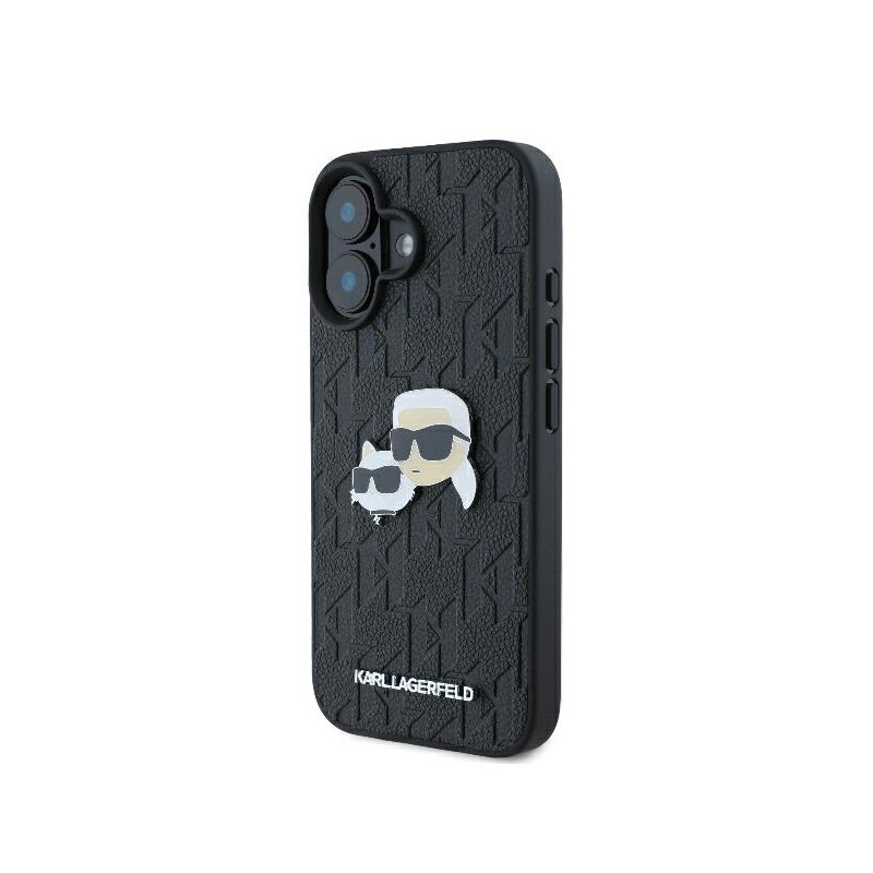 Husa iPhone 16 Plus Karl Lagerfeld Hardcase Leather Monogram, Karl&Chaoupette Head Pin, negru, KLHCP16MPGKLKCPK