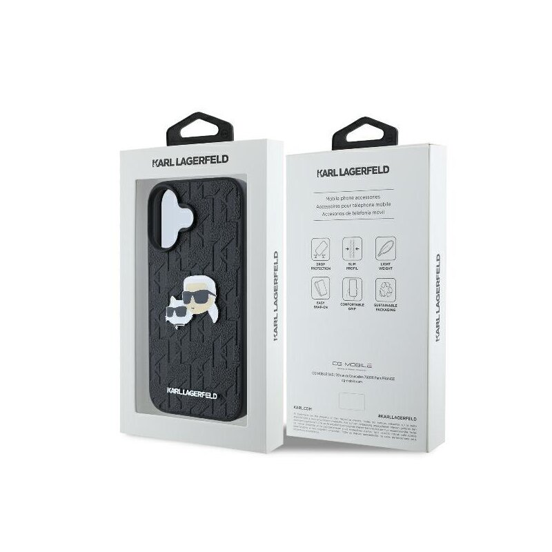Husa iPhone 16 Plus Karl Lagerfeld Hardcase Leather Monogram, Karl&Chaoupette Head Pin, negru, KLHCP16MPGKLKCPK