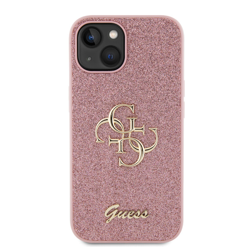 Husa Guess Glitter Script Big 4G iPhone 14 Plus cu sclipici, roz, GUHCP15MHG4SGP