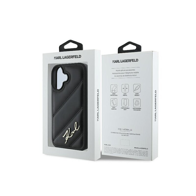 Husa iPhone 16 Plus Karl Lagerfeld Diagonal Quilted, negru, KLHCP16MPQDSMGK