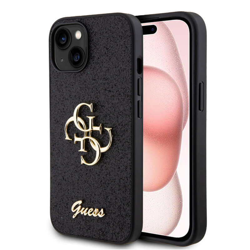 Husa Guess Glitter Script Big 4G iPhone 15 cu sclipici, negru, GUHCP15SHG4SGK