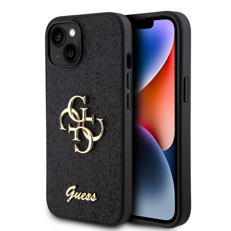 Husa Guess Glitter Script Big 4G iPhone 14 cu sclipici, negru, GUHCP15SHG4SGK