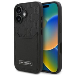 Husa iPhone 16 Karl Lagerfeld Hardcase Leather Cardslots, Monogram, negru, KLHCP16SPGKHPRPK