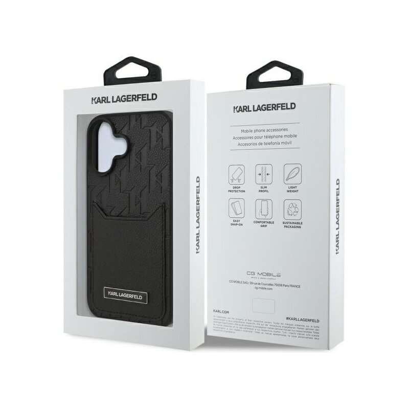 Husa iPhone 16 Karl Lagerfeld Hardcase Leather Cardslots, Monogram, negru, KLHCP16SPGKHPRPK