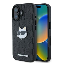 Husa iPhone 16 Karl Lagerfeld Hardcase Leather Monogram, Choupette Head Pin, negru, KLHCP16SPGKLCHPK